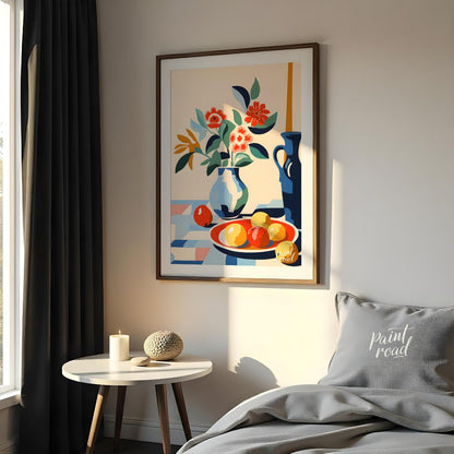 This vibrant digital illustration depicts a still life scene with a bouquet of stylized flowers in … for bedroom