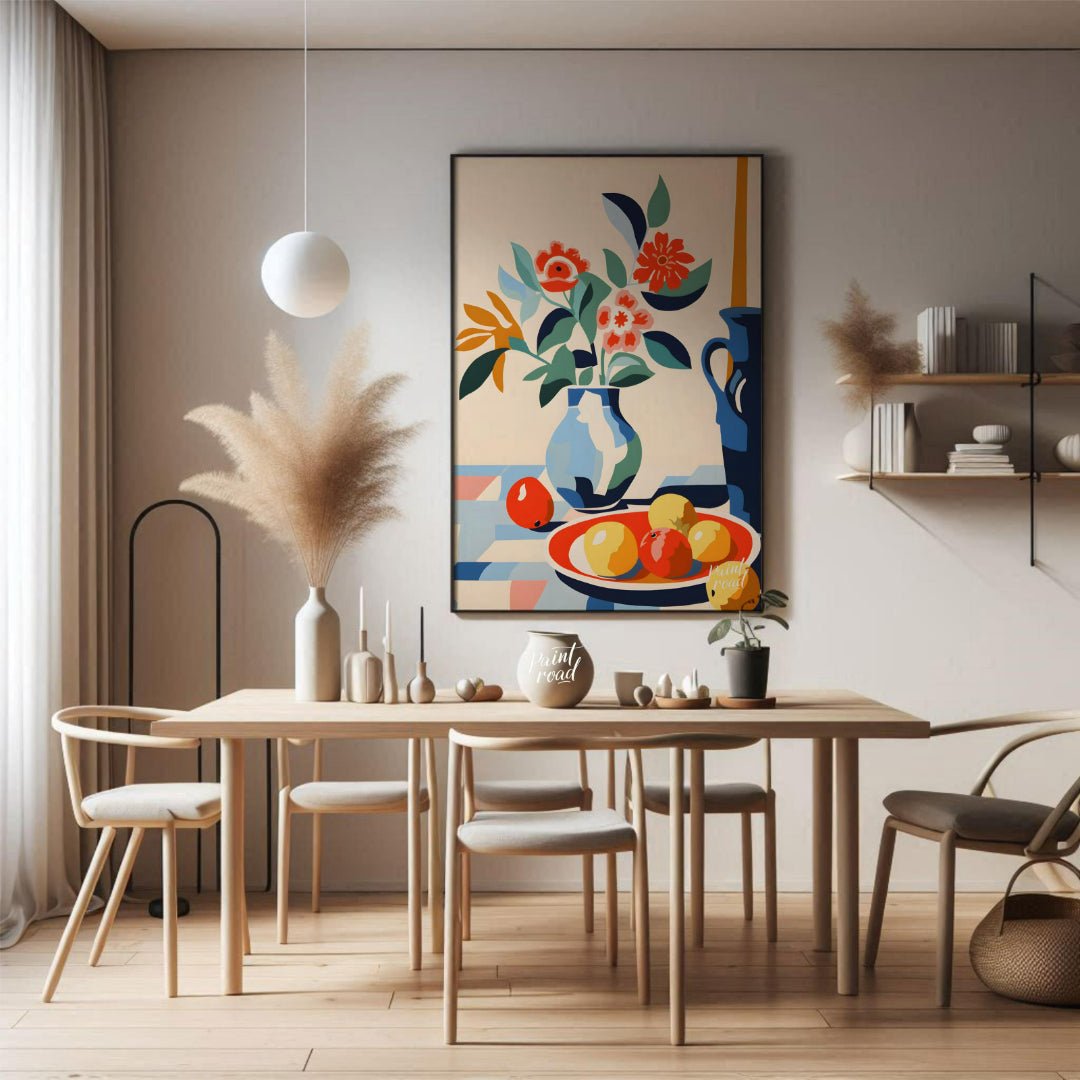 This vibrant digital illustration depicts a still life scene with a bouquet of stylized flowers in … for dining room