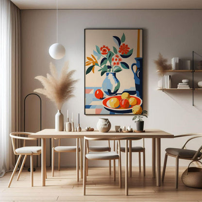 This vibrant digital illustration depicts a still life scene with a bouquet of stylized flowers in … for dining room