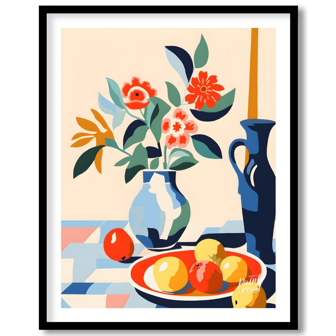 This vibrant digital illustration depicts a still life scene with a bouquet of stylized flowers in … for home