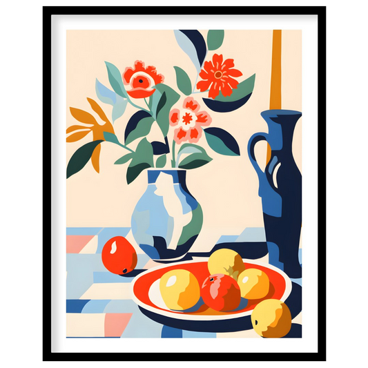 This vibrant digital illustration depicts a still life scene with a bouquet of stylized flowers in … for home