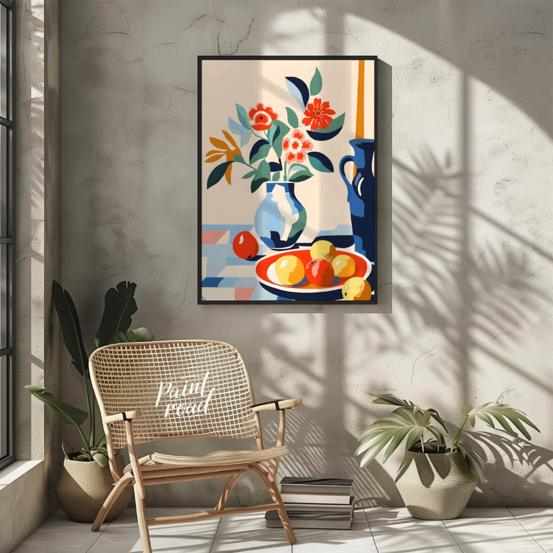This vibrant digital illustration depicts a still life scene with a bouquet of stylized flowers in … for living room