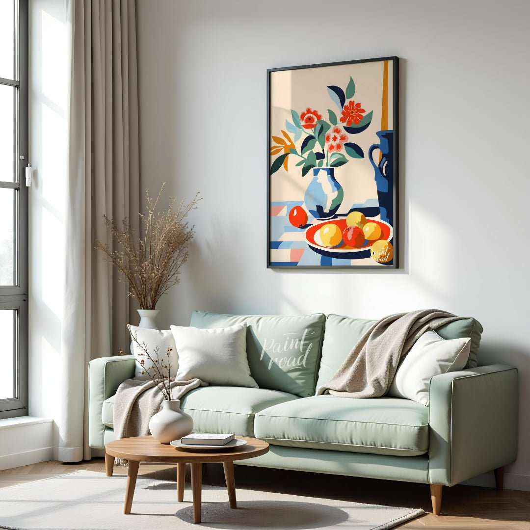 This vibrant digital illustration depicts a still life scene with a bouquet of stylized flowers in … for living room