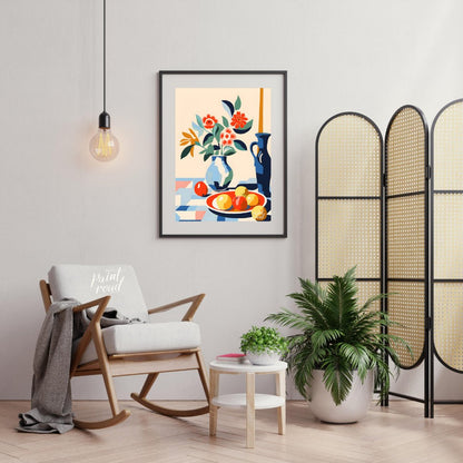 This vibrant digital illustration depicts a still life scene with a bouquet of stylized flowers in … for living room
