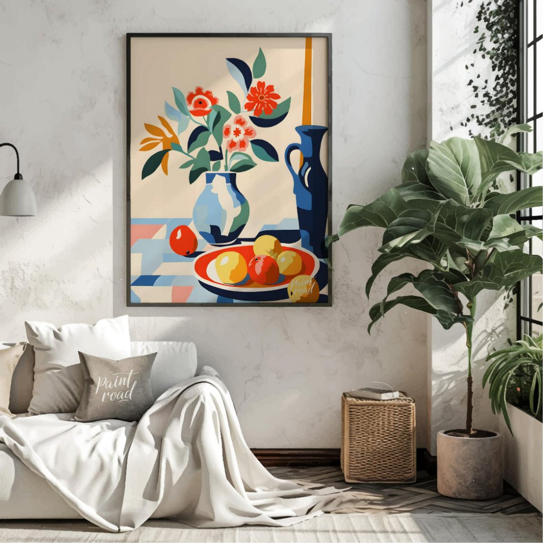 This vibrant digital illustration depicts a still life scene with a bouquet of stylized flowers in … for living room