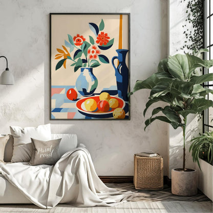This vibrant digital illustration depicts a still life scene with a bouquet of stylized flowers in … for living room