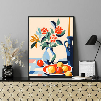This vibrant digital illustration depicts a still life scene with a bouquet of stylized flowers in … for office