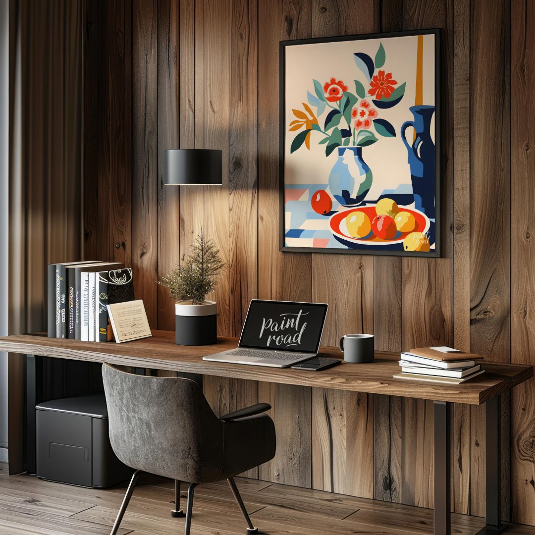 This vibrant digital illustration depicts a still life scene with a bouquet of stylized flowers in … for office