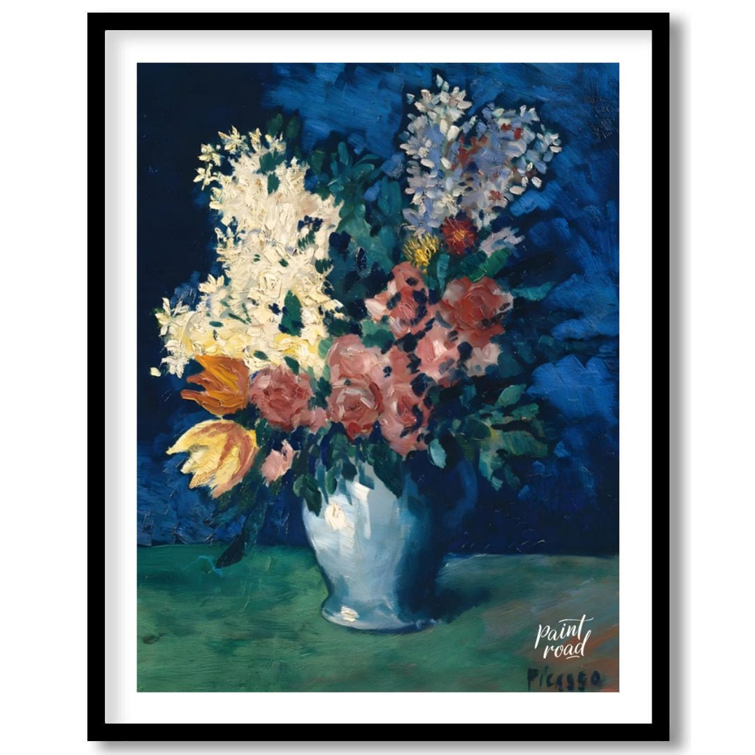 This beautiful still life by Pablo Picasso, “Vase with Carnations and Other Flowers,” deviates from… for abode