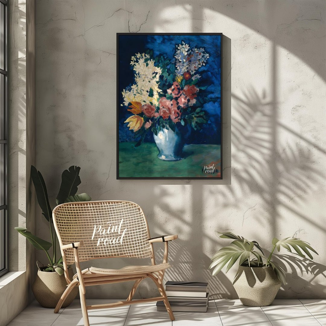 This beautiful still life by Pablo Picasso, “Vase with Carnations and Other Flowers,” deviates from… for living room