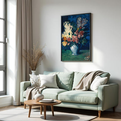 This beautiful still life by Pablo Picasso, “Vase with Carnations and Other Flowers,” deviates from… for living room