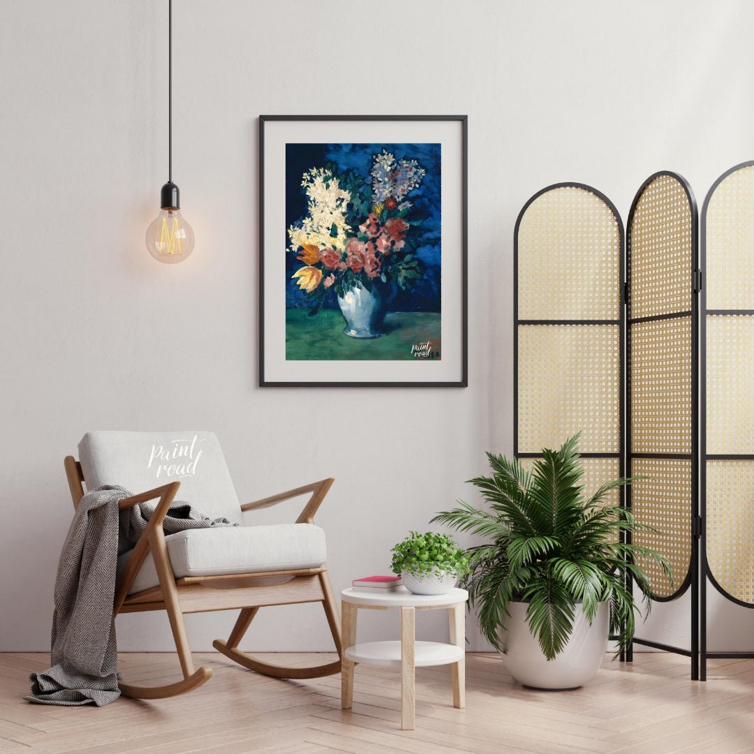 This beautiful still life by Pablo Picasso, “Vase with Carnations and Other Flowers,” deviates from… for living room