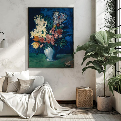 This beautiful still life by Pablo Picasso, “Vase with Carnations and Other Flowers,” deviates from… for living room