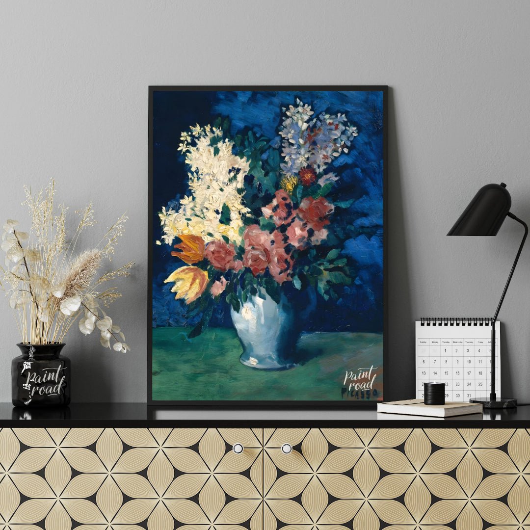 This beautiful still life by Pablo Picasso, “Vase with Carnations and Other Flowers,” deviates from… for office