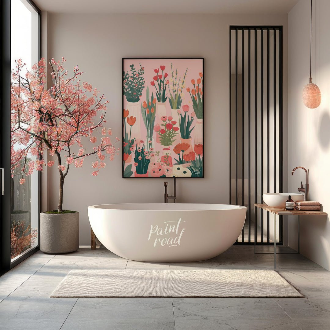 This charming digital illustration features a collection of various flowers in different vases, set… for bathroom