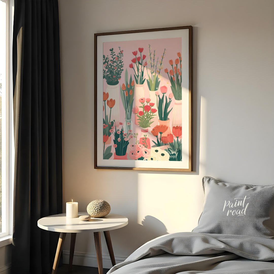 This charming digital illustration features a collection of various flowers in different vases, set… for bedroom
