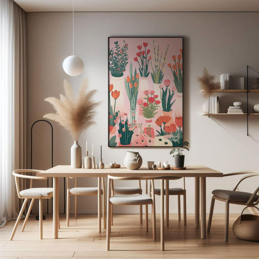 This charming digital illustration features a collection of various flowers in different vases, set… for dining room