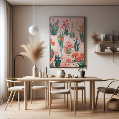 This charming digital illustration features a collection of various flowers in different vases, set… for dining room