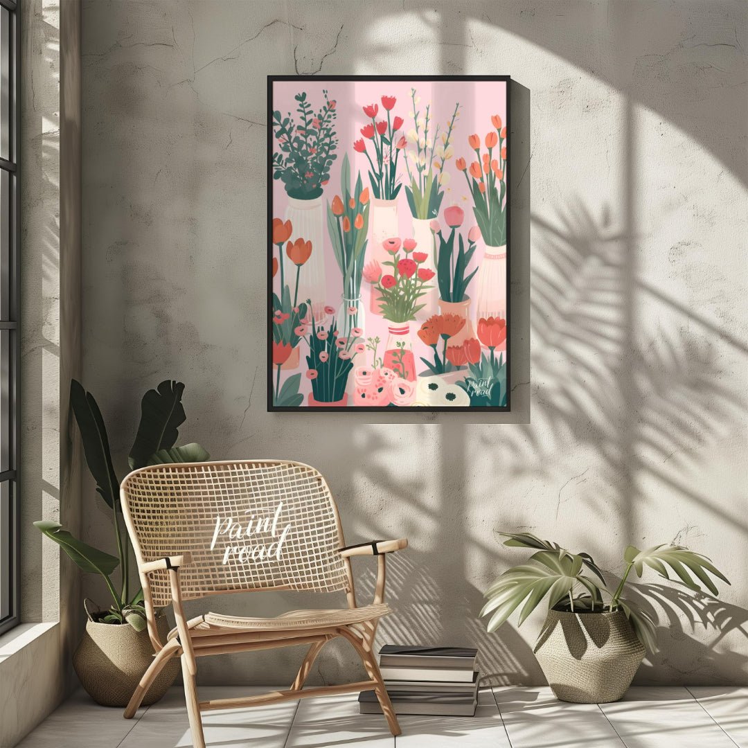 This charming digital illustration features a collection of various flowers in different vases, set… for living room