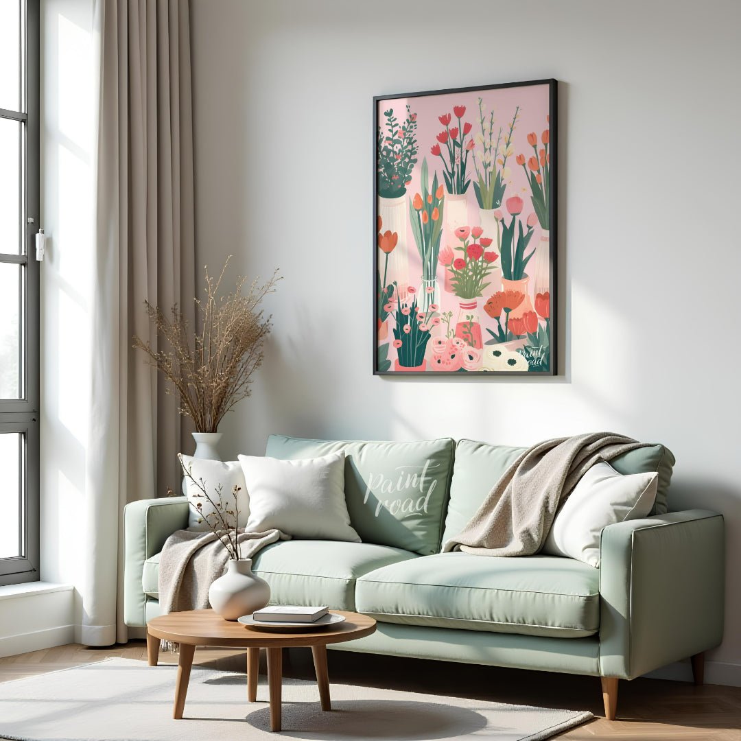 This charming digital illustration features a collection of various flowers in different vases, set… for living room