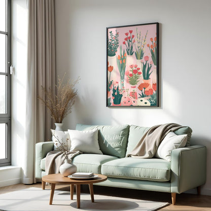 This charming digital illustration features a collection of various flowers in different vases, set… for living room