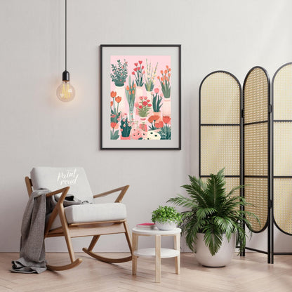 This charming digital illustration features a collection of various flowers in different vases, set… for living room