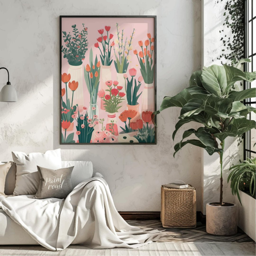 This charming digital illustration features a collection of various flowers in different vases, set… for living room