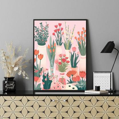 This charming digital illustration features a collection of various flowers in different vases, set… for office