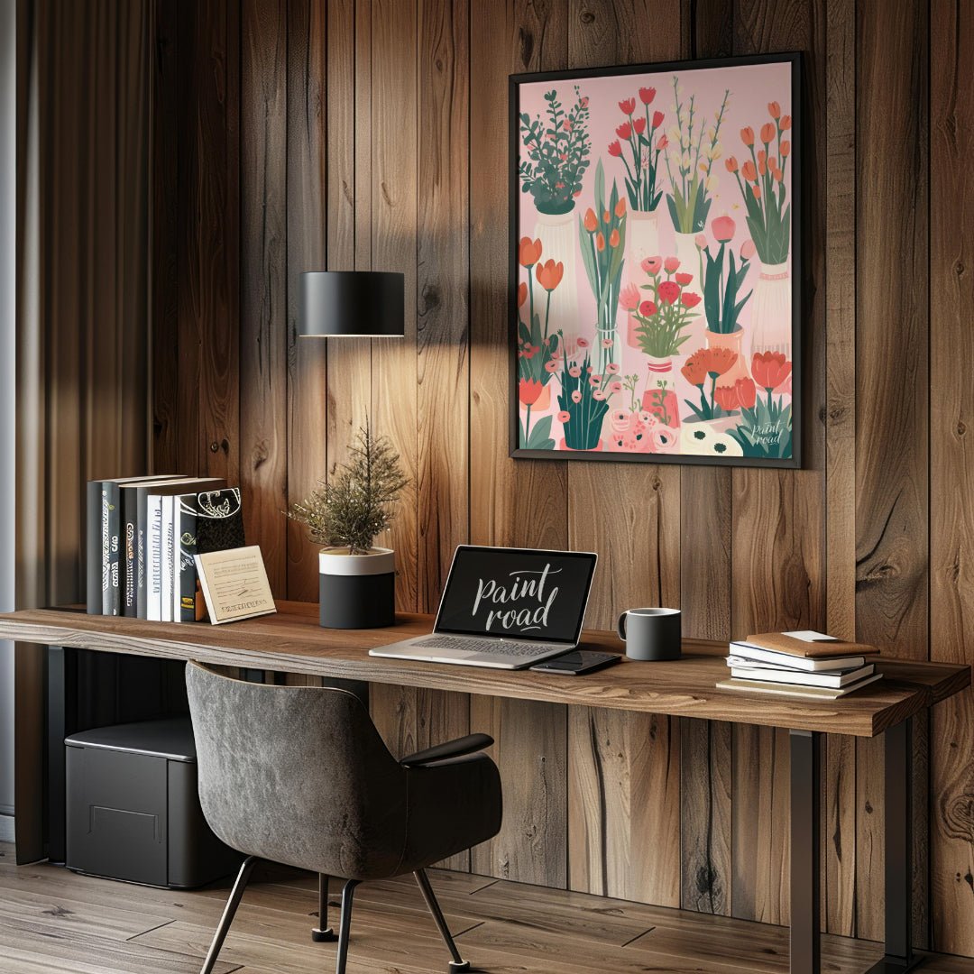 This charming digital illustration features a collection of various flowers in different vases, set… for office