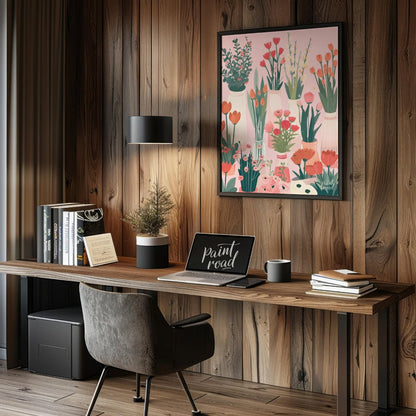 This charming digital illustration features a collection of various flowers in different vases, set… for office