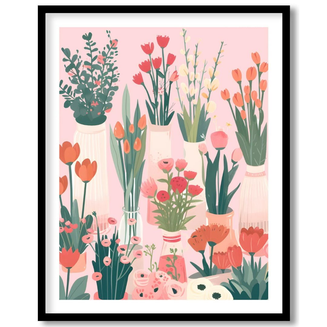 This charming digital illustration features a collection of various flowers in different vases, set… for sweet home