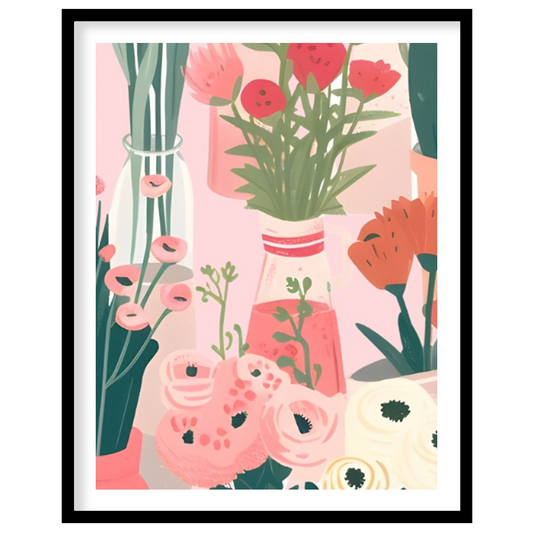 This charming digital illustration features a collection of various flowers in different vases, set… for sweet home