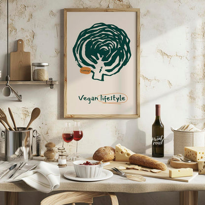 This striking poster is a celebration of the vegan lifestyle, featuring a bold and organic line art… for kitchen