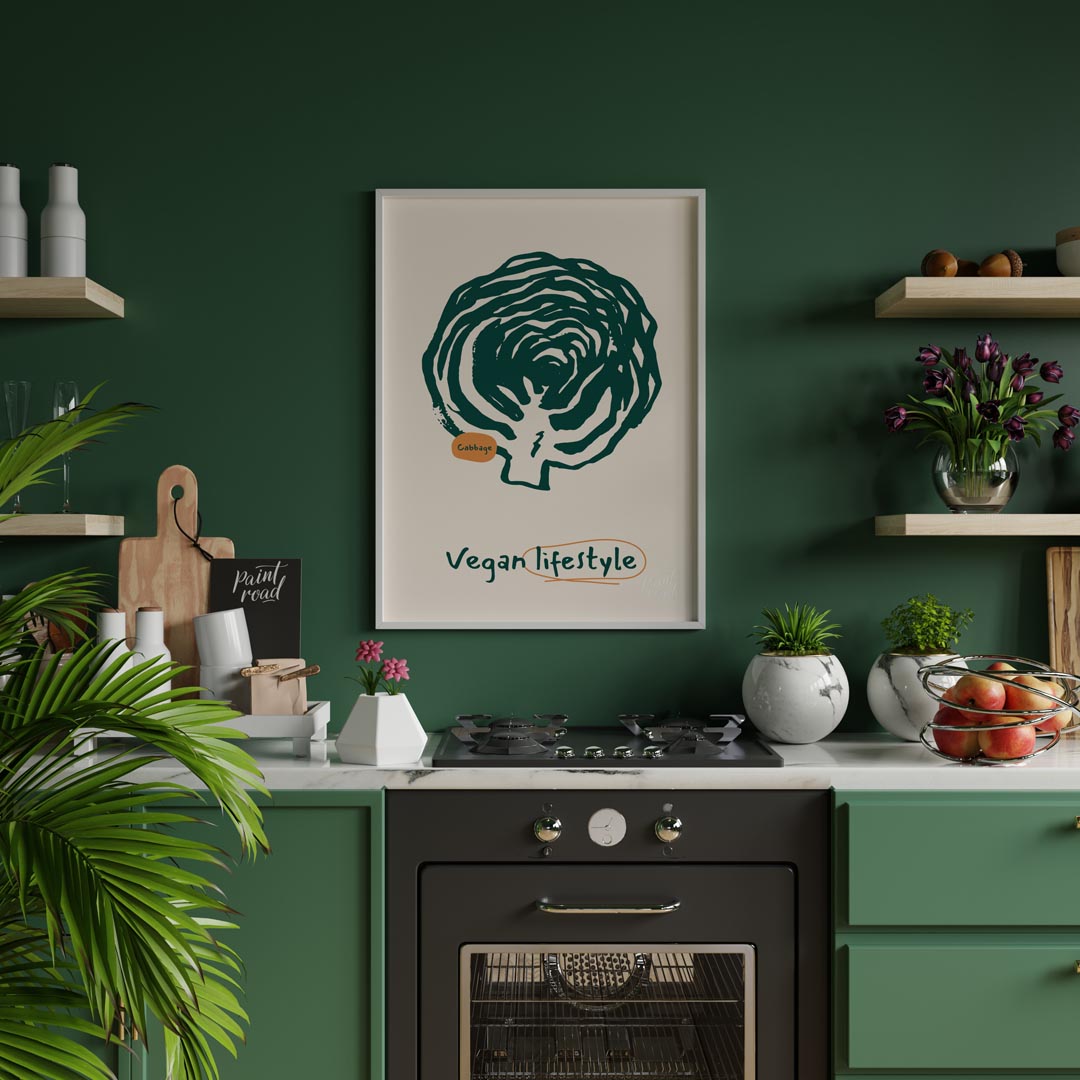 This striking poster is a celebration of the vegan lifestyle, featuring a bold and organic line art… for kitchen