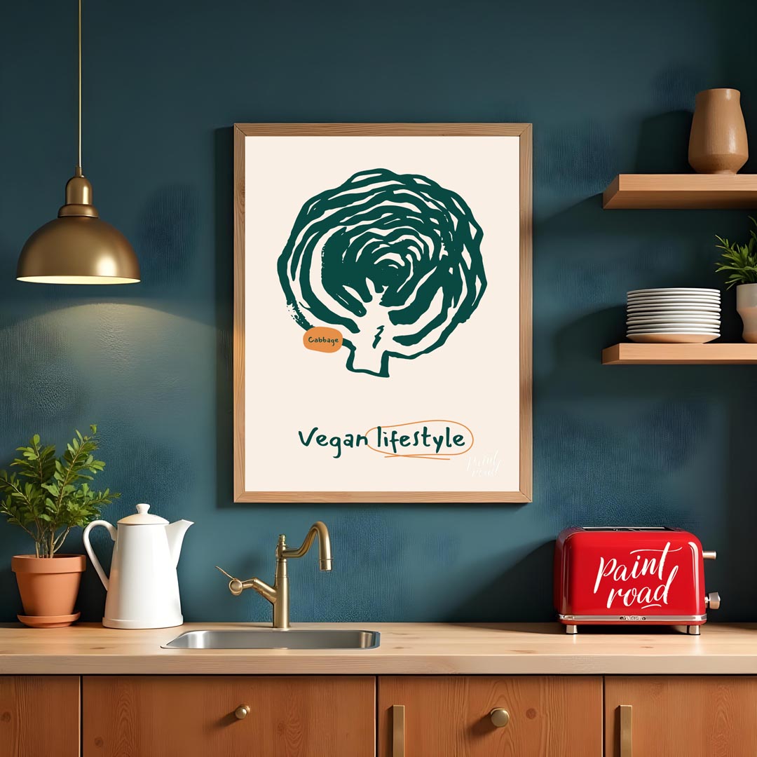 This striking poster is a celebration of the vegan lifestyle, featuring a bold and organic line art… for kitchen