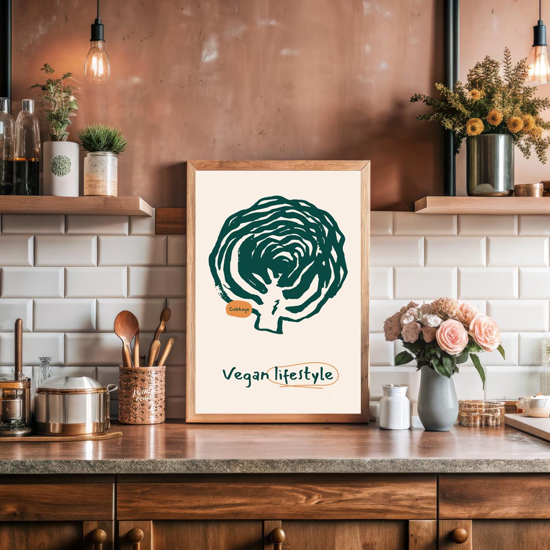 This striking poster is a celebration of the vegan lifestyle, featuring a bold and organic line art… for kitchen