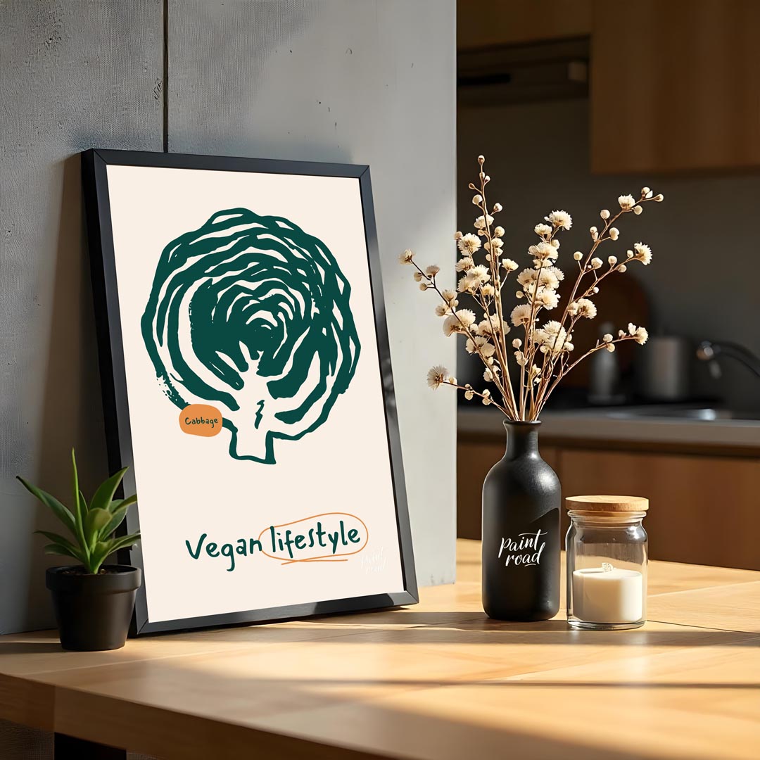 This striking poster is a celebration of the vegan lifestyle, featuring a bold and organic line art… for kitchen