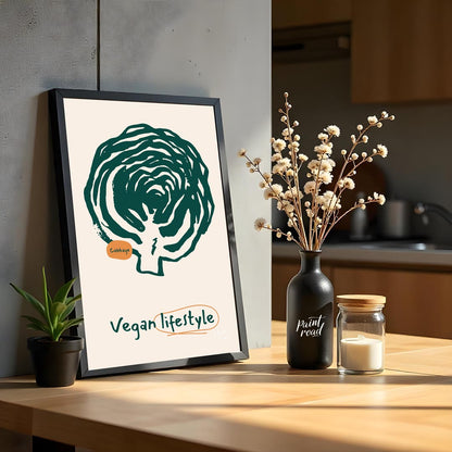 This striking poster is a celebration of the vegan lifestyle, featuring a bold and organic line art… for kitchen