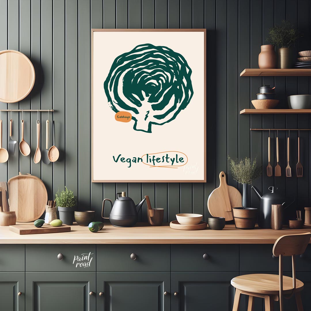 This striking poster is a celebration of the vegan lifestyle, featuring a bold and organic line art… for kitchen