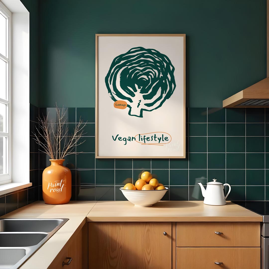 This striking poster is a celebration of the vegan lifestyle, featuring a bold and organic line art… for kitchen