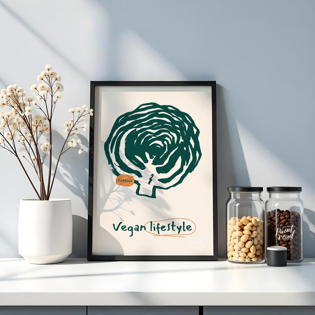 This striking poster is a celebration of the vegan lifestyle, featuring a bold and organic line art… for kitchen