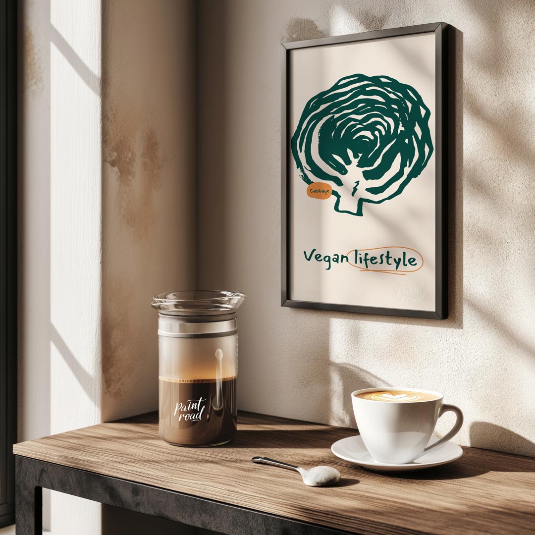 This striking poster is a celebration of the vegan lifestyle, featuring a bold and organic line art… for kitchen