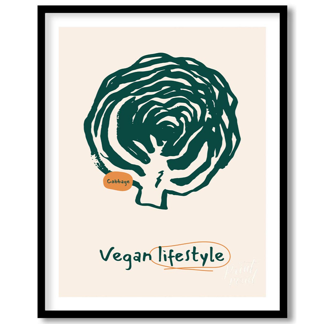 This striking poster is a celebration of the vegan lifestyle, featuring a bold and organic line art… for place