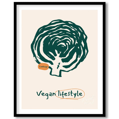 This striking poster is a celebration of the vegan lifestyle, featuring a bold and organic line art… for place