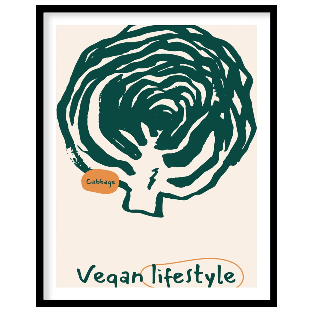 This striking poster is a celebration of the vegan lifestyle, featuring a bold and organic line art… for place