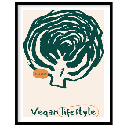 This striking poster is a celebration of the vegan lifestyle, featuring a bold and organic line art… for place