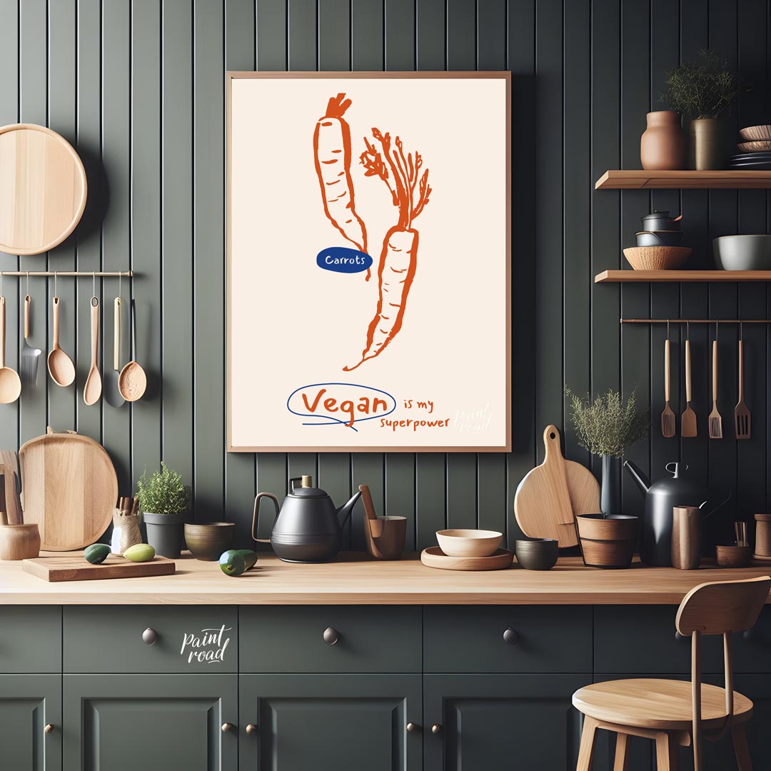 This minimalist yet impactful poster celebrates the vegan lifestyle with a playful declaration. The… for kitchen