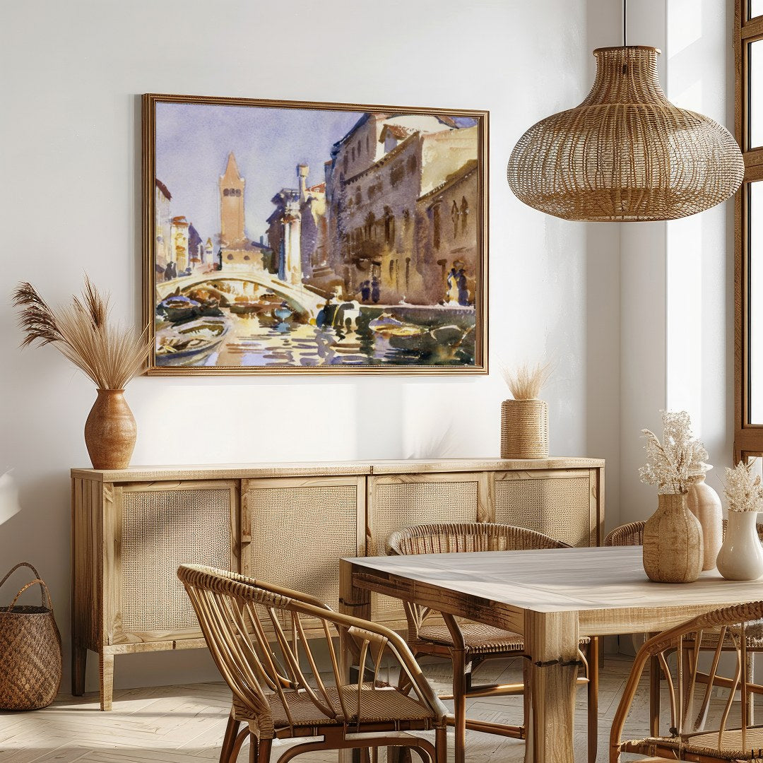 This exquisite watercolor captures the serene beauty of a Venetian canal bathed in warm sunlight. for Dining