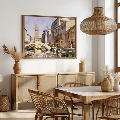 This exquisite watercolor captures the serene beauty of a Venetian canal bathed in warm sunlight. for Dining