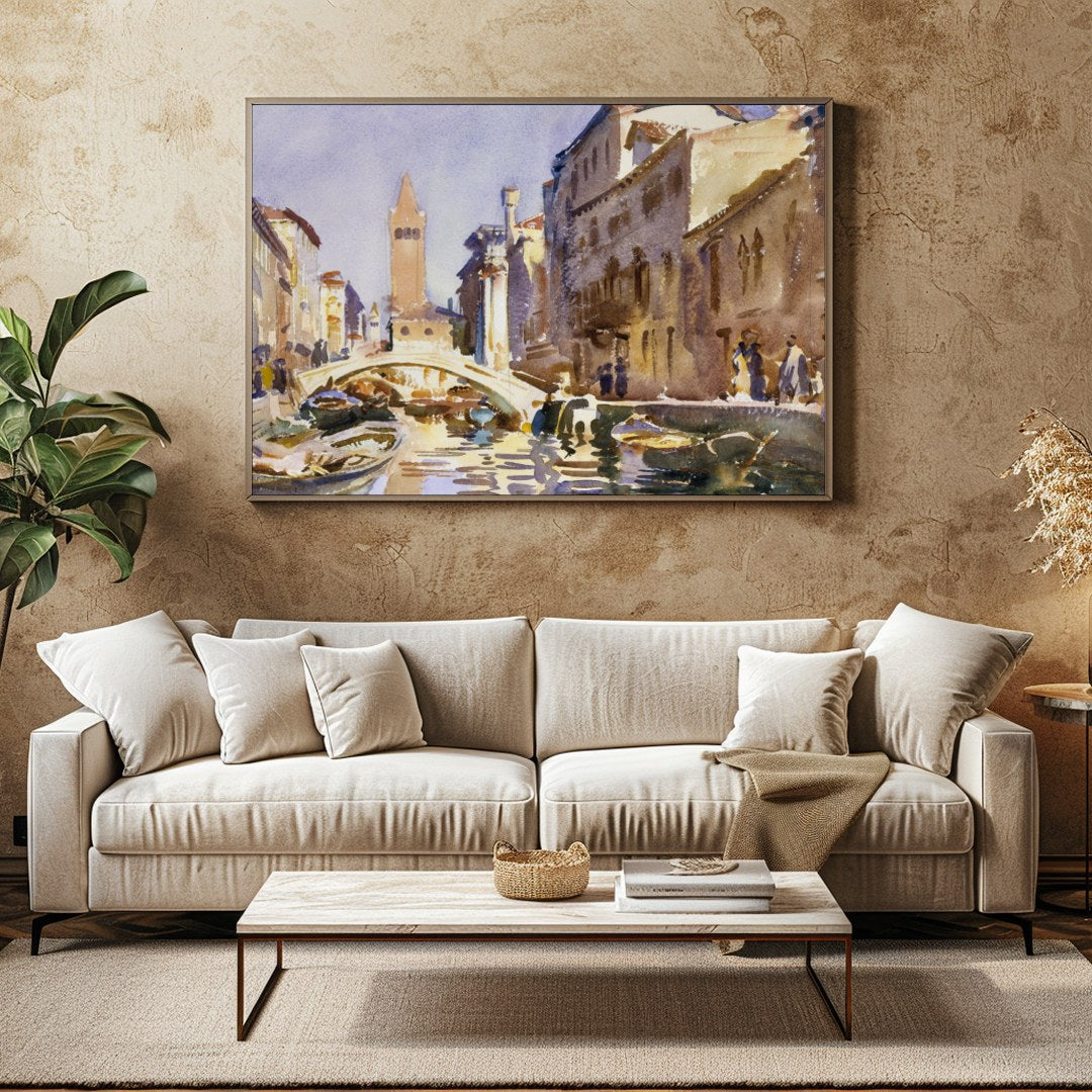 This exquisite watercolor captures the serene beauty of a Venetian canal bathed in warm sunlight. for Family Room